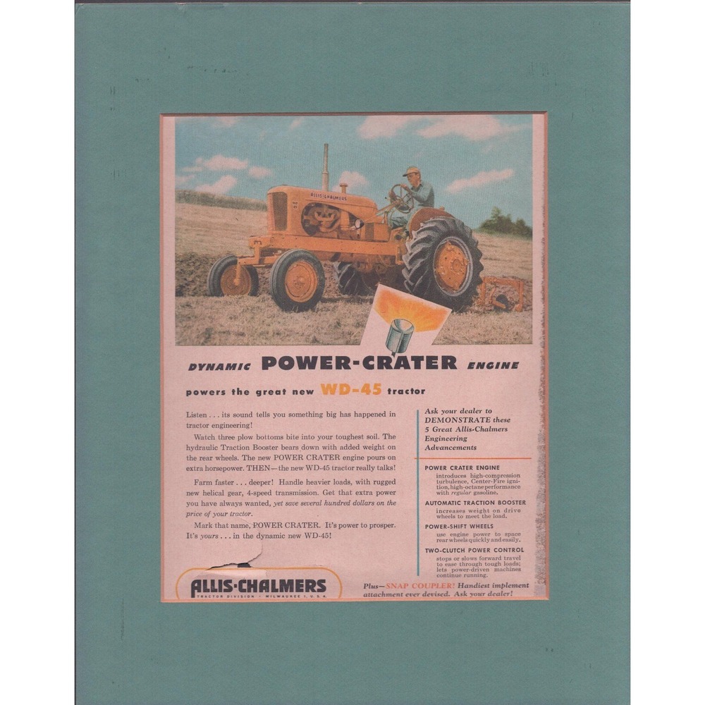 Vintage Allis-Chalmers WD-45 Tractor Power-Crater Engine Matted Print Ad 11x14